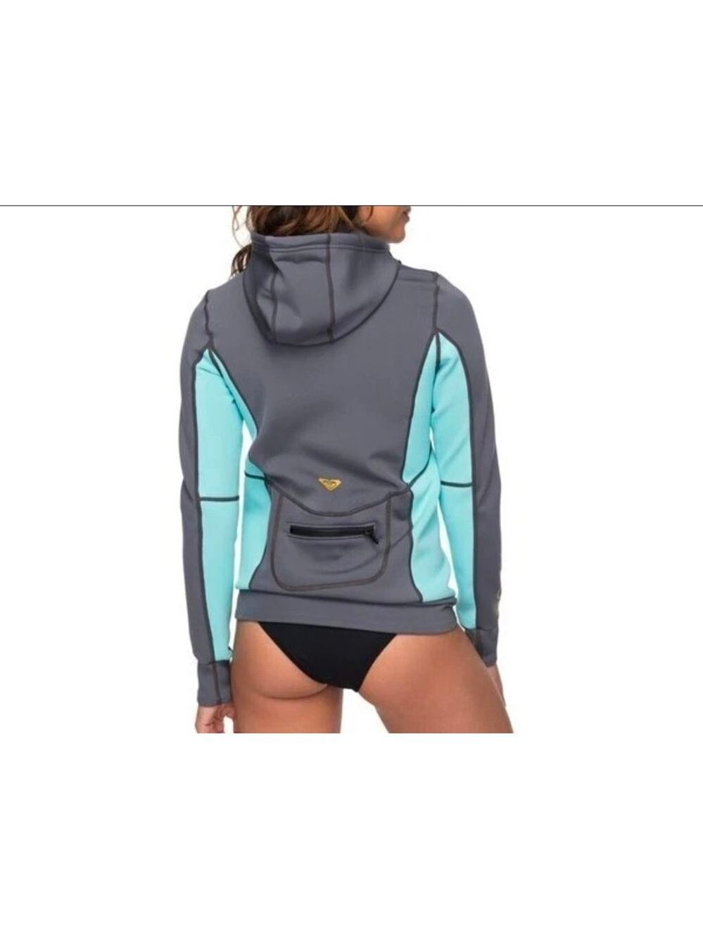 Roxy Syncro Neoprene Jacket Wetsuit Top Womens 6 Gray Teal Hooded Zip - Picture 2 of 14